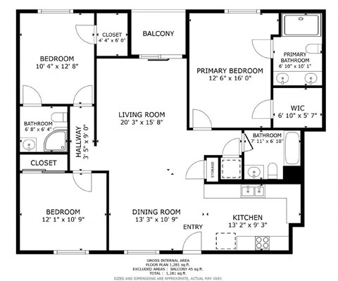 Floor plan for 3 beds, 3 baths, 1330 sqft